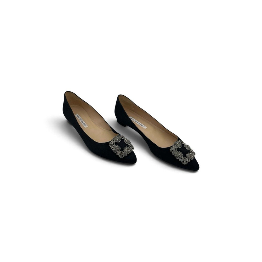Manolo Blahnik Hangisi Black Satin Crystal Jewel Ballet Flats EU 40.5 US 10.5